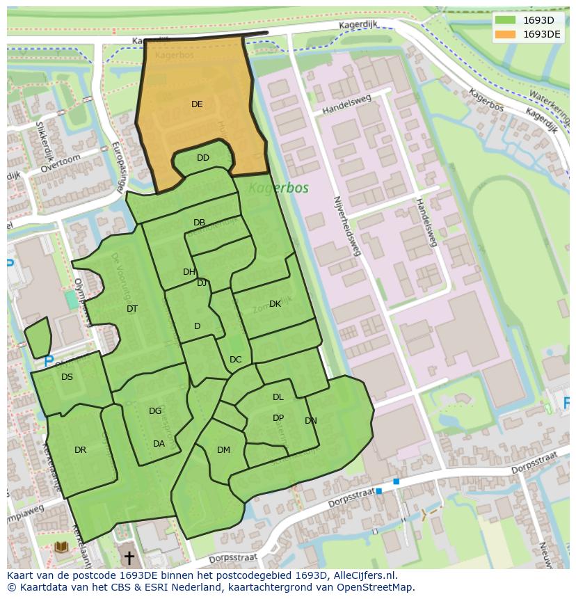 Afbeelding van het postcodegebied 1693 DE op de kaart.
