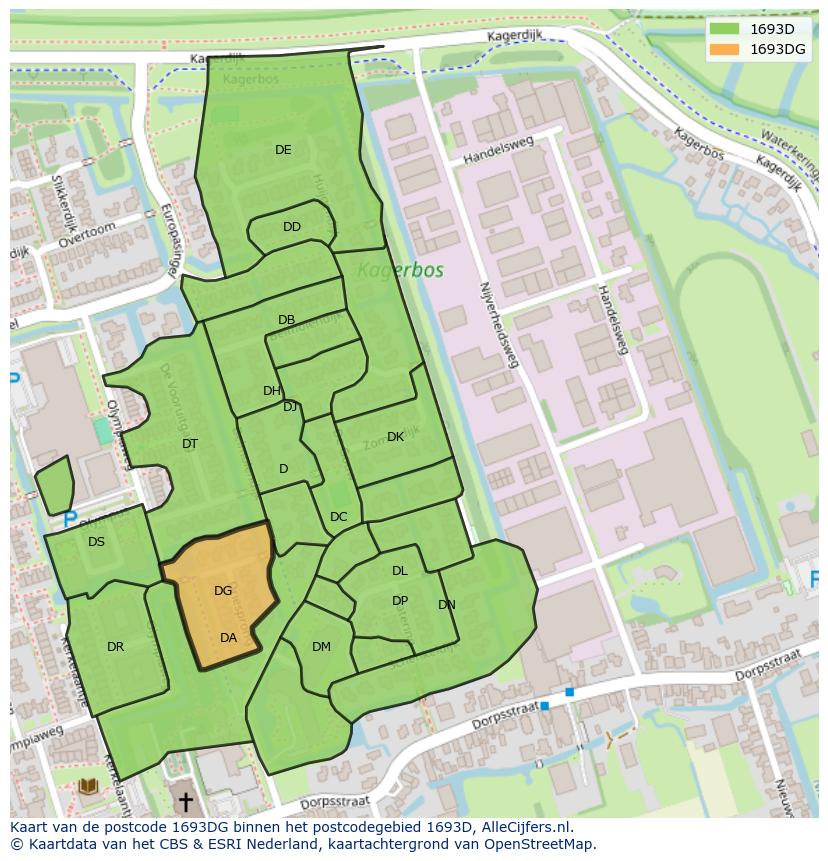 Afbeelding van het postcodegebied 1693 DG op de kaart.