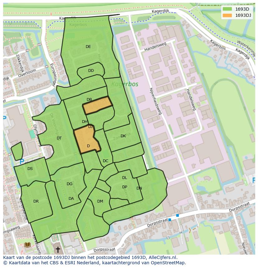Afbeelding van het postcodegebied 1693 DJ op de kaart.