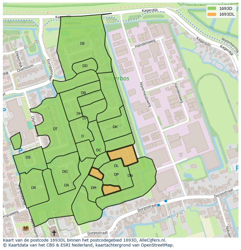 Afbeelding van het postcodegebied 1693 DL op de kaart.