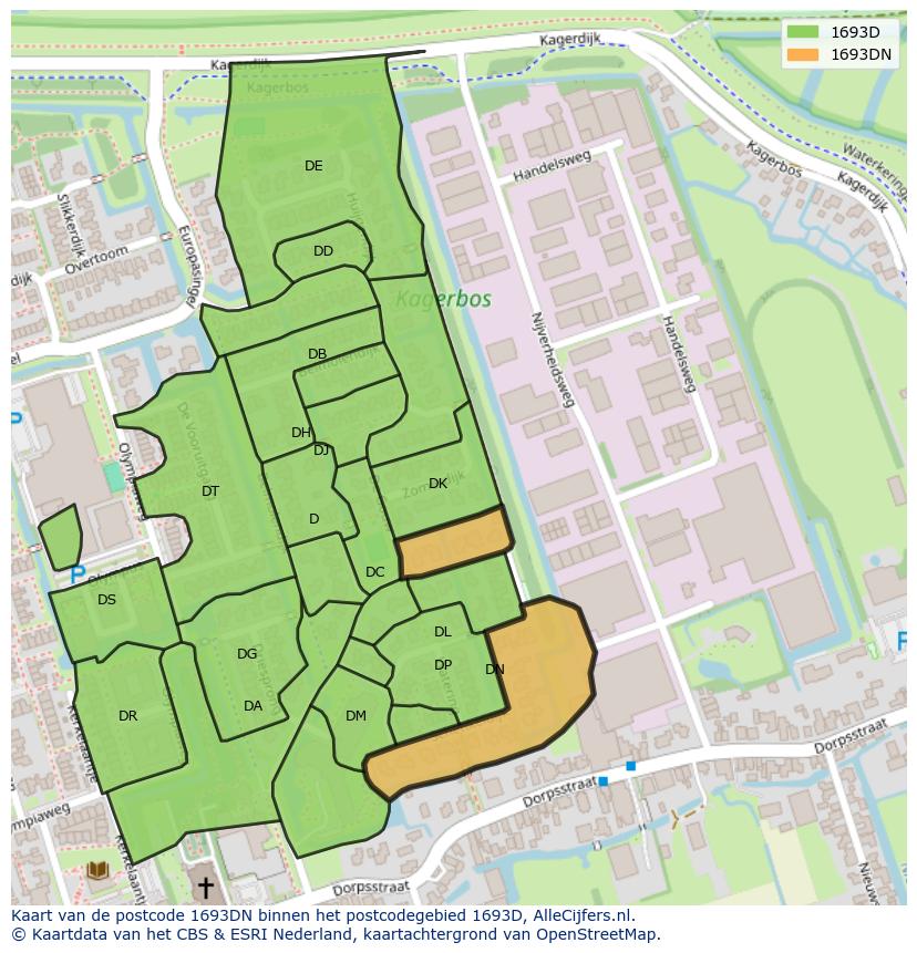 Afbeelding van het postcodegebied 1693 DN op de kaart.