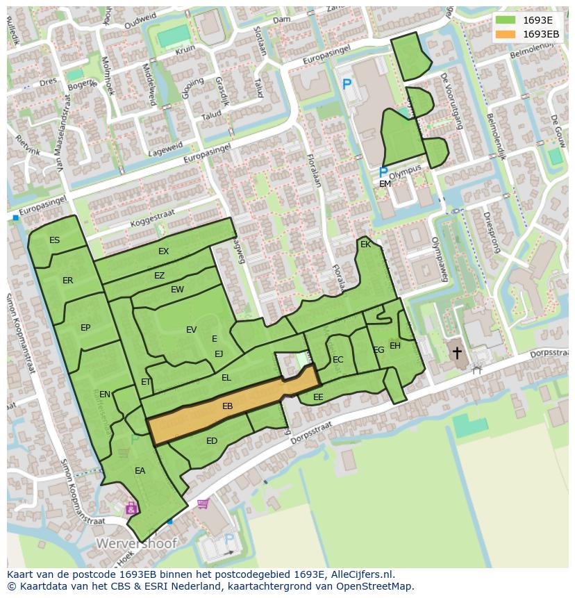 Afbeelding van het postcodegebied 1693 EB op de kaart.