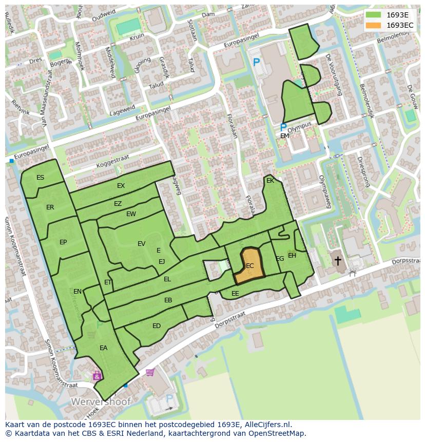 Afbeelding van het postcodegebied 1693 EC op de kaart.