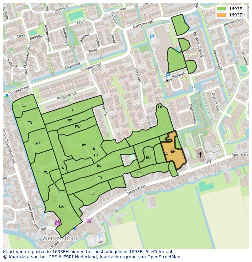 Afbeelding van het postcodegebied 1693 EH op de kaart.