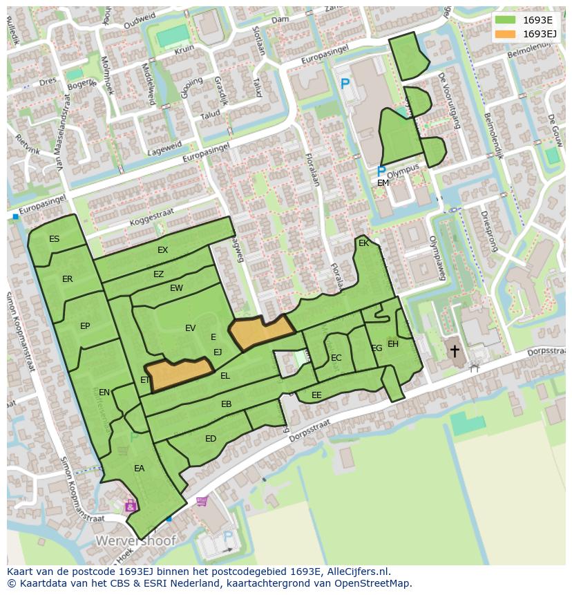 Afbeelding van het postcodegebied 1693 EJ op de kaart.