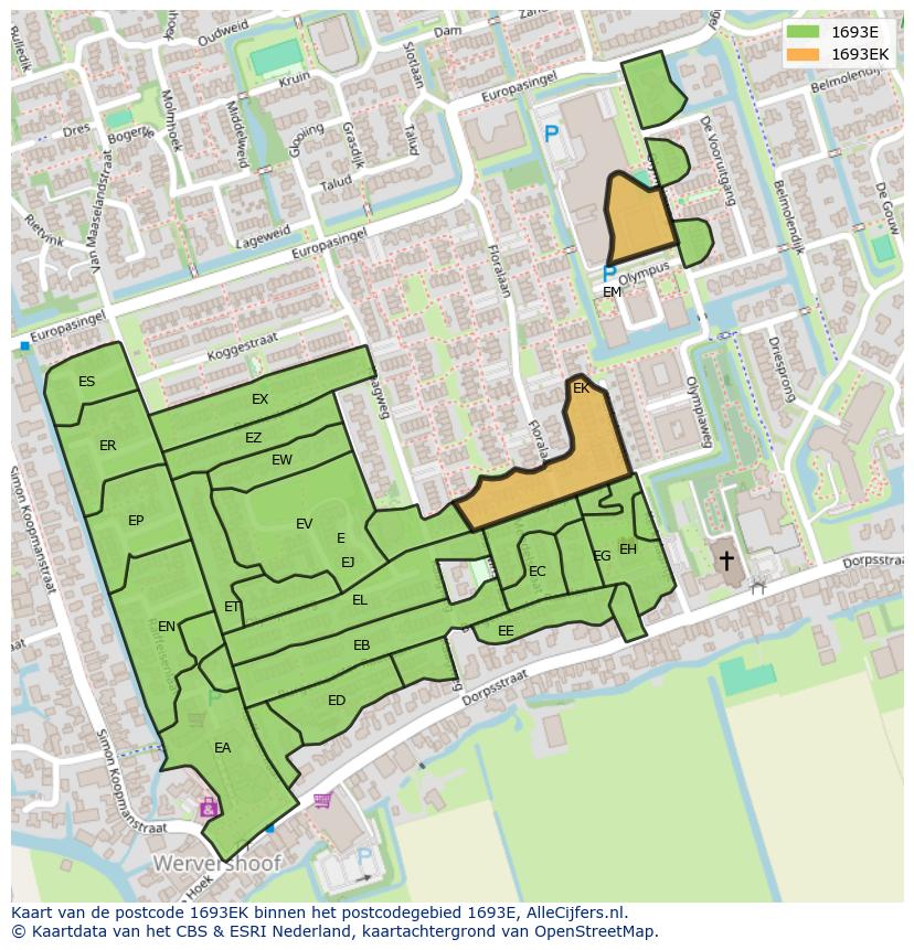 Afbeelding van het postcodegebied 1693 EK op de kaart.