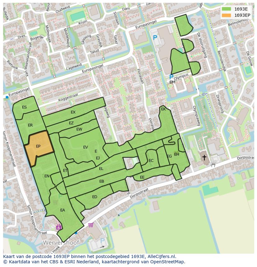 Afbeelding van het postcodegebied 1693 EP op de kaart.