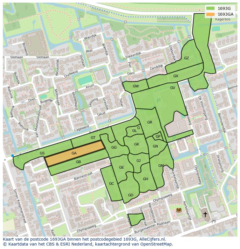 Afbeelding van het postcodegebied 1693 GA op de kaart.