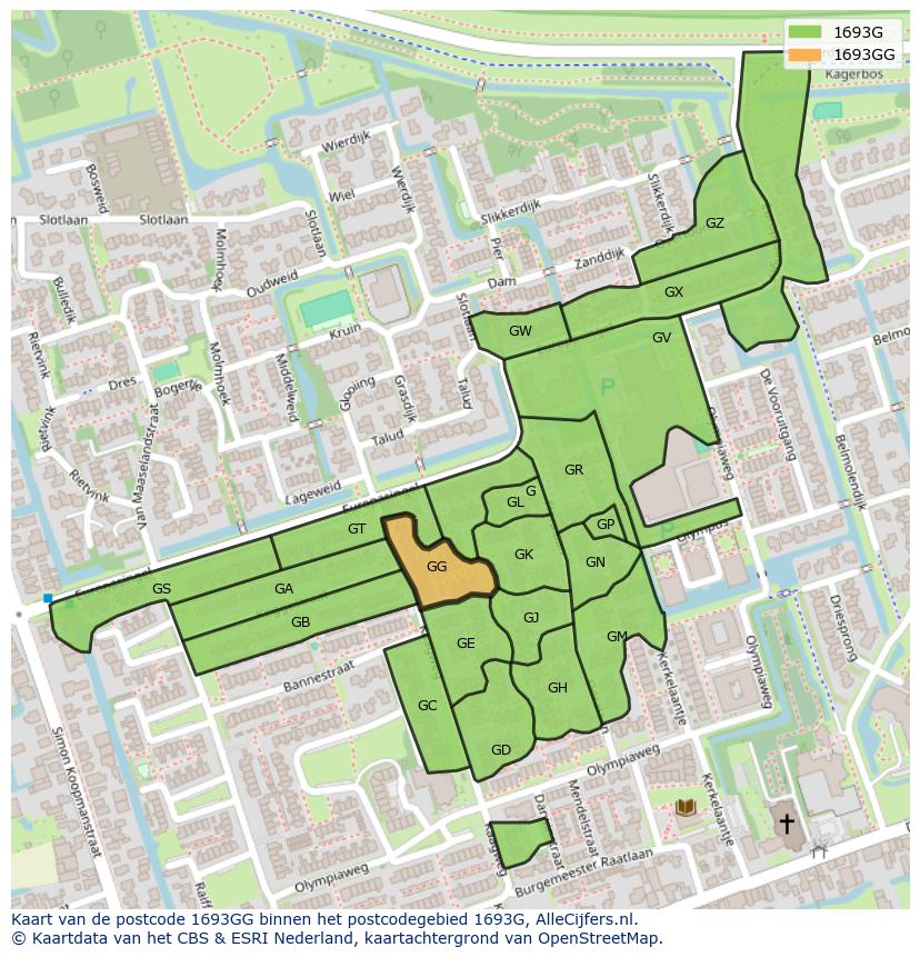 Afbeelding van het postcodegebied 1693 GG op de kaart.