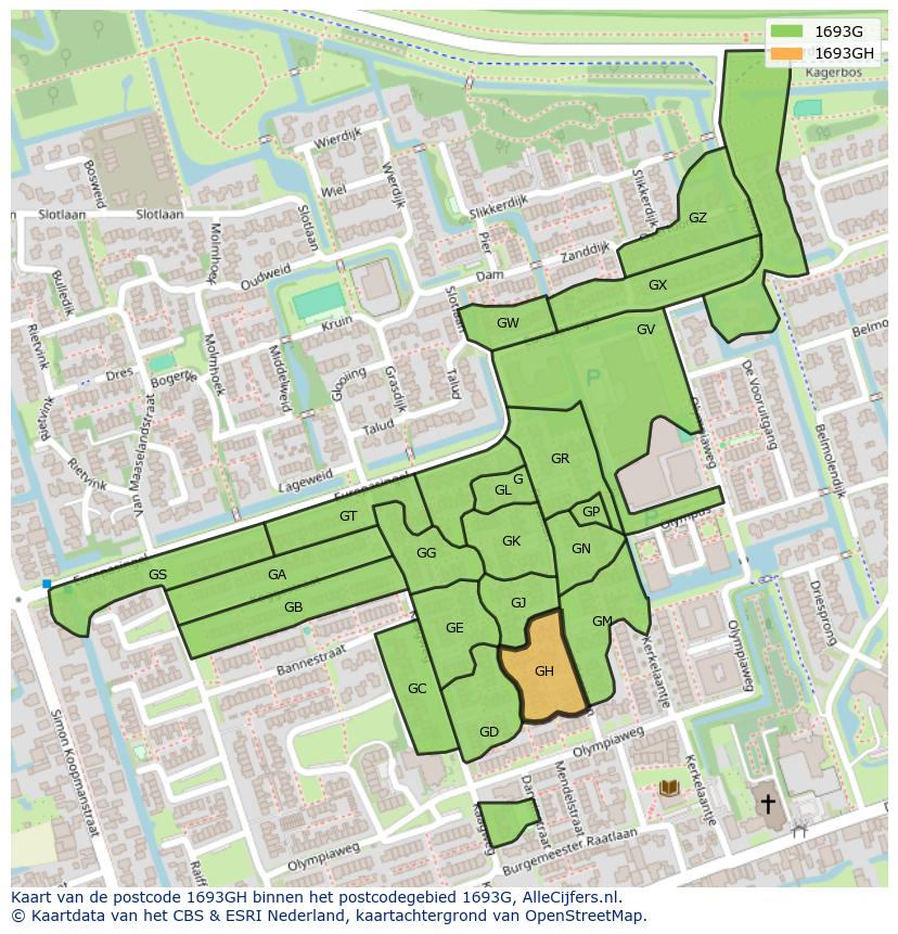 Afbeelding van het postcodegebied 1693 GH op de kaart.