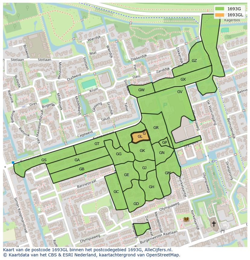 Afbeelding van het postcodegebied 1693 GL op de kaart.