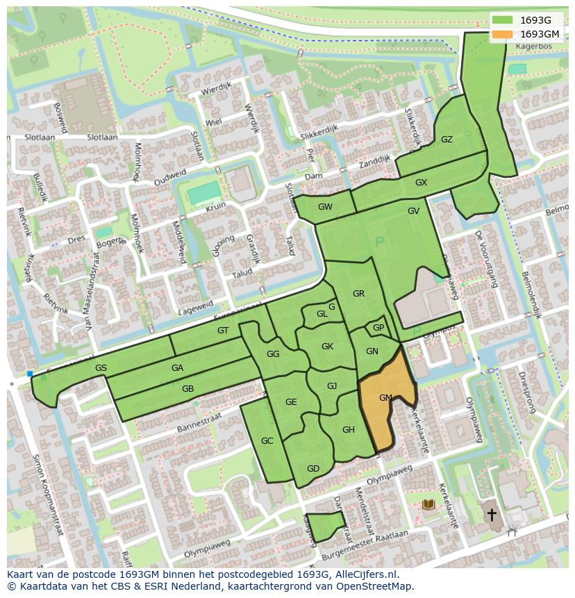 Afbeelding van het postcodegebied 1693 GM op de kaart.