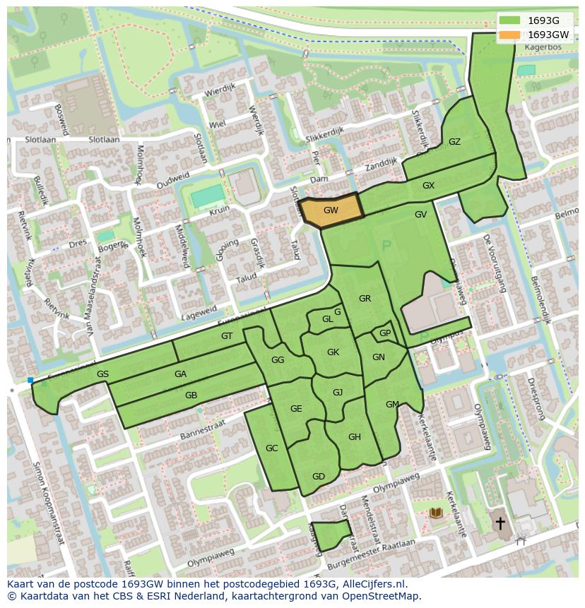 Afbeelding van het postcodegebied 1693 GW op de kaart.