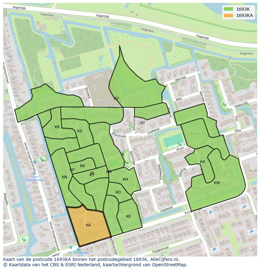 Afbeelding van het postcodegebied 1693 KA op de kaart.
