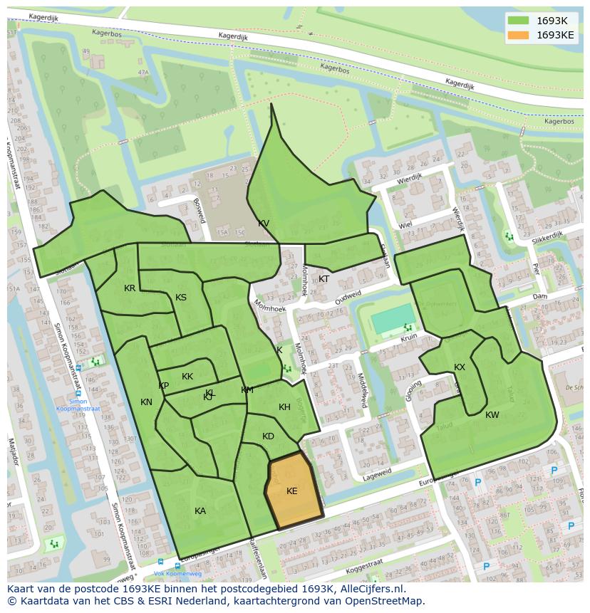 Afbeelding van het postcodegebied 1693 KE op de kaart.