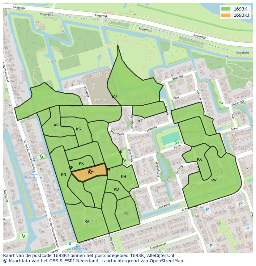 Afbeelding van het postcodegebied 1693 KJ op de kaart.