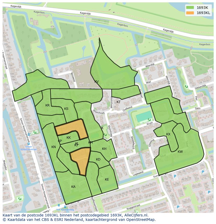 Afbeelding van het postcodegebied 1693 KL op de kaart.