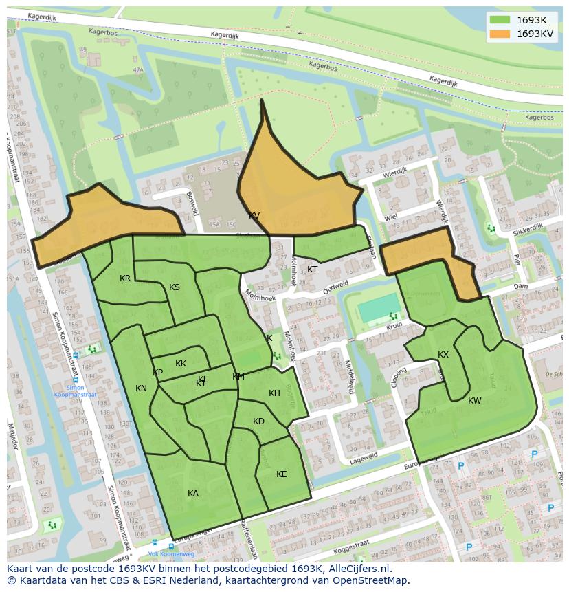 Afbeelding van het postcodegebied 1693 KV op de kaart.