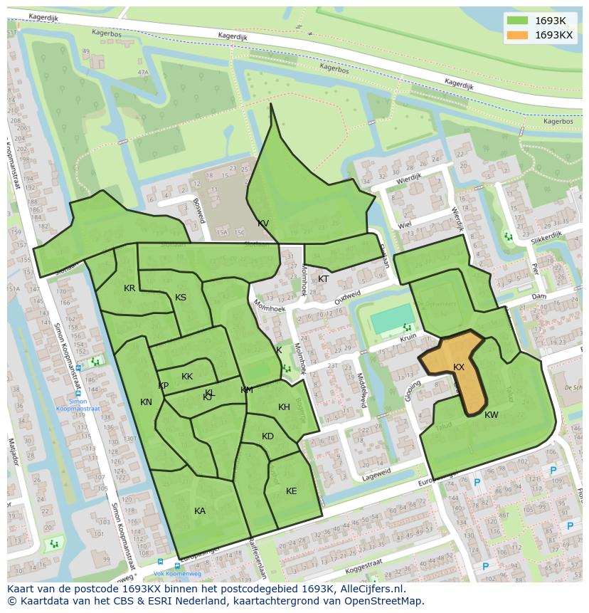 Afbeelding van het postcodegebied 1693 KX op de kaart.
