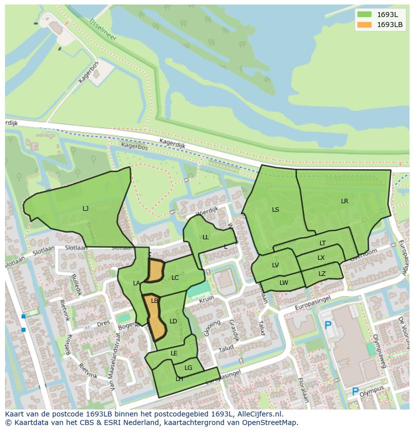 Afbeelding van het postcodegebied 1693 LB op de kaart.
