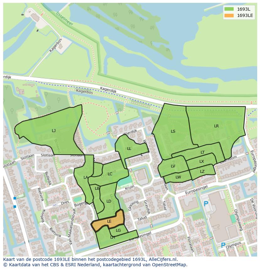 Afbeelding van het postcodegebied 1693 LE op de kaart.