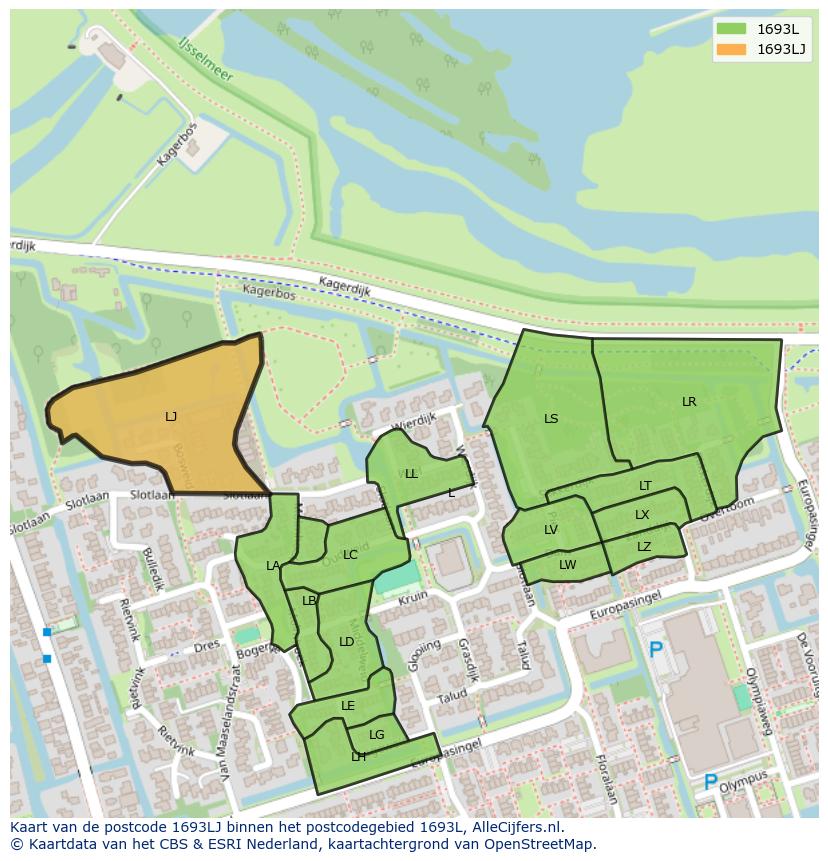 Afbeelding van het postcodegebied 1693 LJ op de kaart.