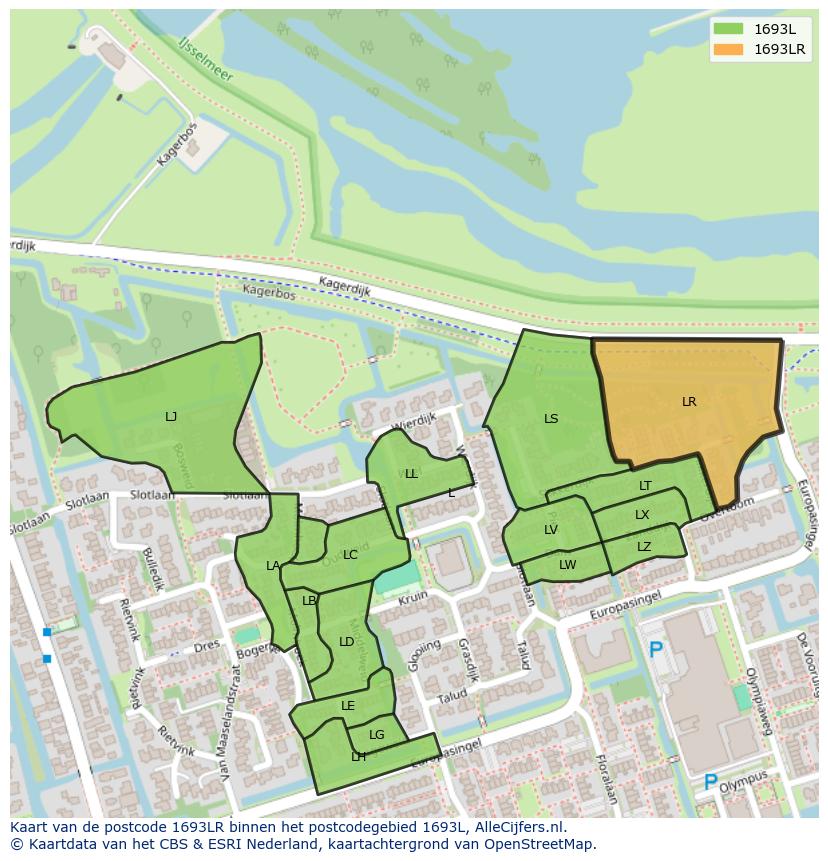 Afbeelding van het postcodegebied 1693 LR op de kaart.