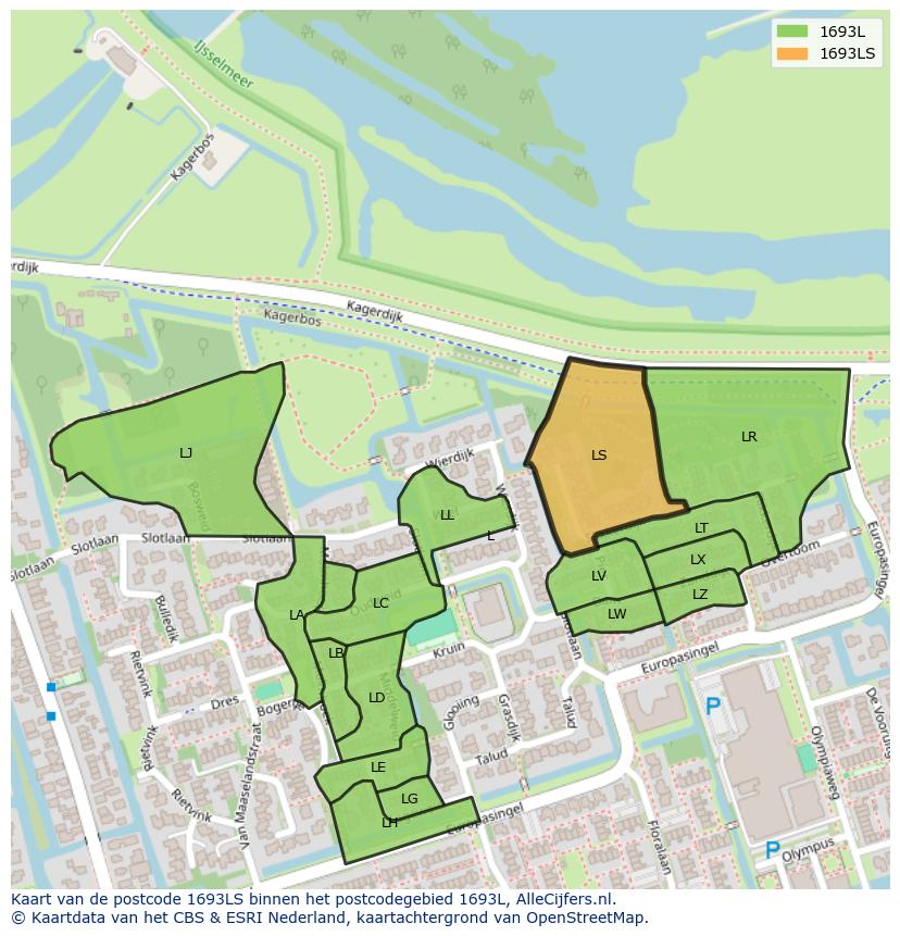 Afbeelding van het postcodegebied 1693 LS op de kaart.