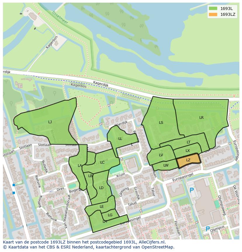 Afbeelding van het postcodegebied 1693 LZ op de kaart.