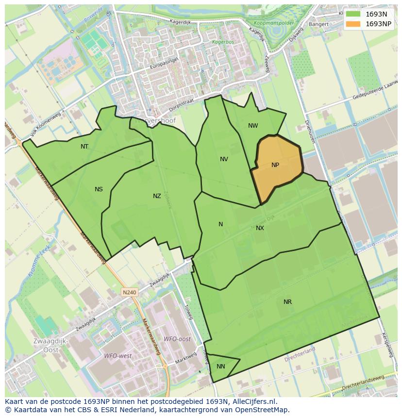Afbeelding van het postcodegebied 1693 NP op de kaart.