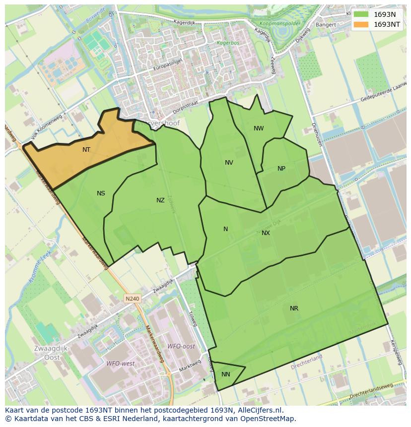 Afbeelding van het postcodegebied 1693 NT op de kaart.