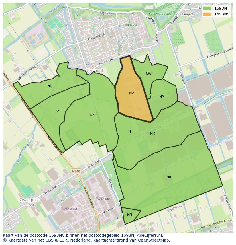 Afbeelding van het postcodegebied 1693 NV op de kaart.