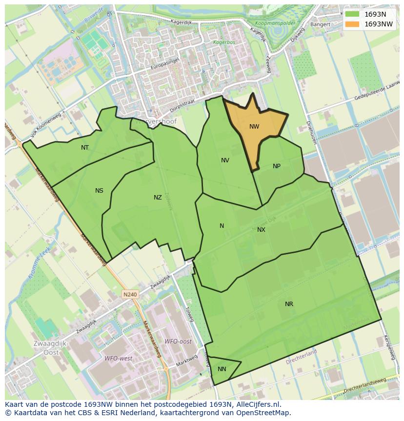 Afbeelding van het postcodegebied 1693 NW op de kaart.