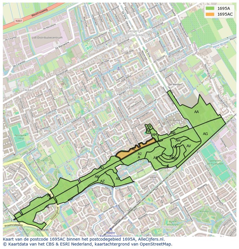 Afbeelding van het postcodegebied 1695 AC op de kaart.
