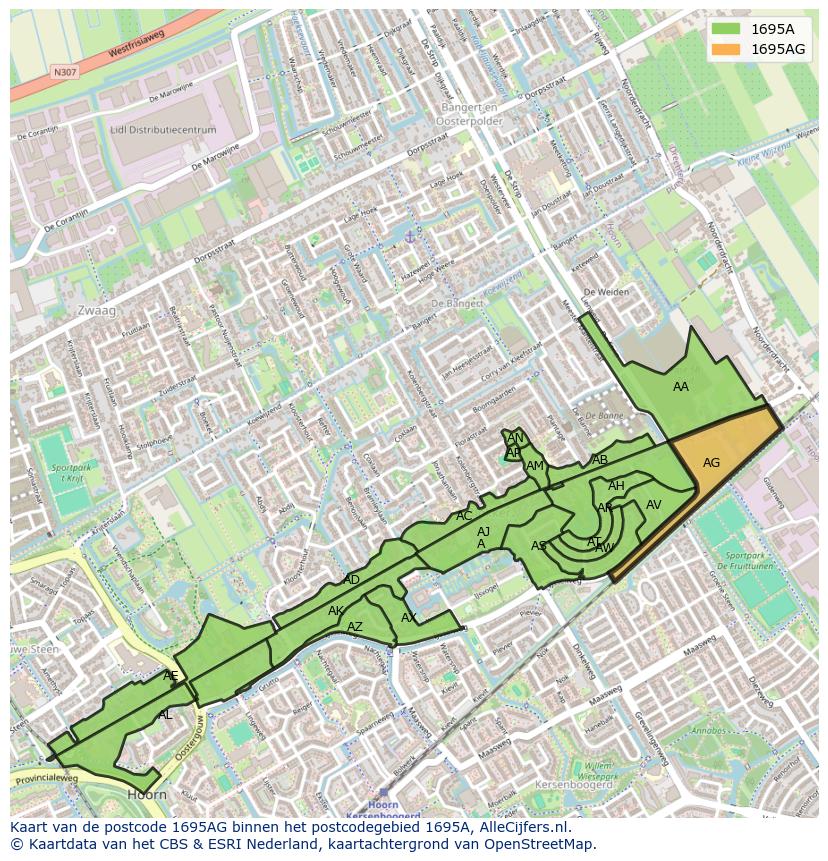 Afbeelding van het postcodegebied 1695 AG op de kaart.