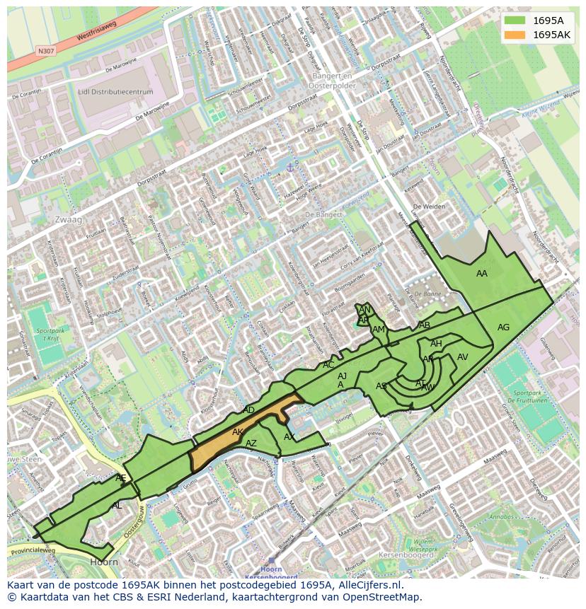Afbeelding van het postcodegebied 1695 AK op de kaart.