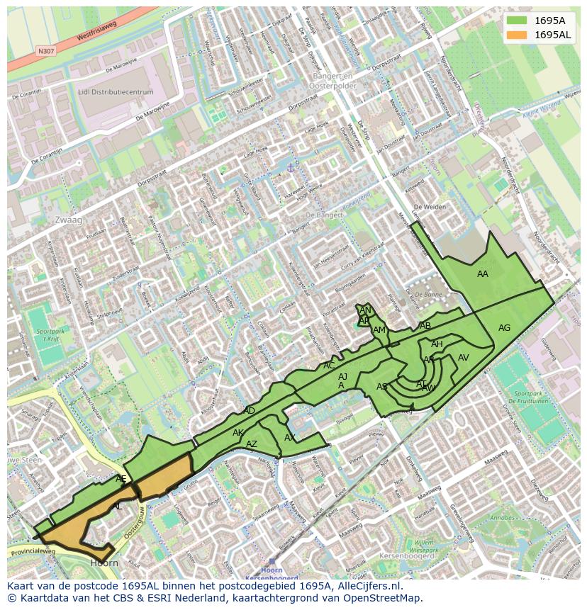 Afbeelding van het postcodegebied 1695 AL op de kaart.