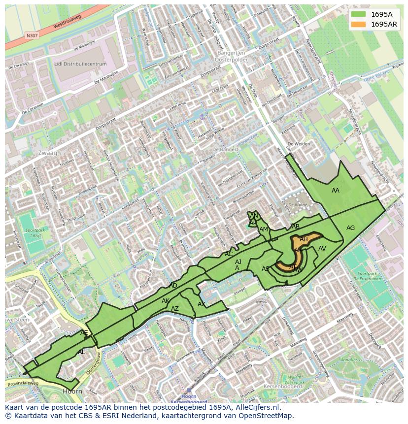Afbeelding van het postcodegebied 1695 AR op de kaart.