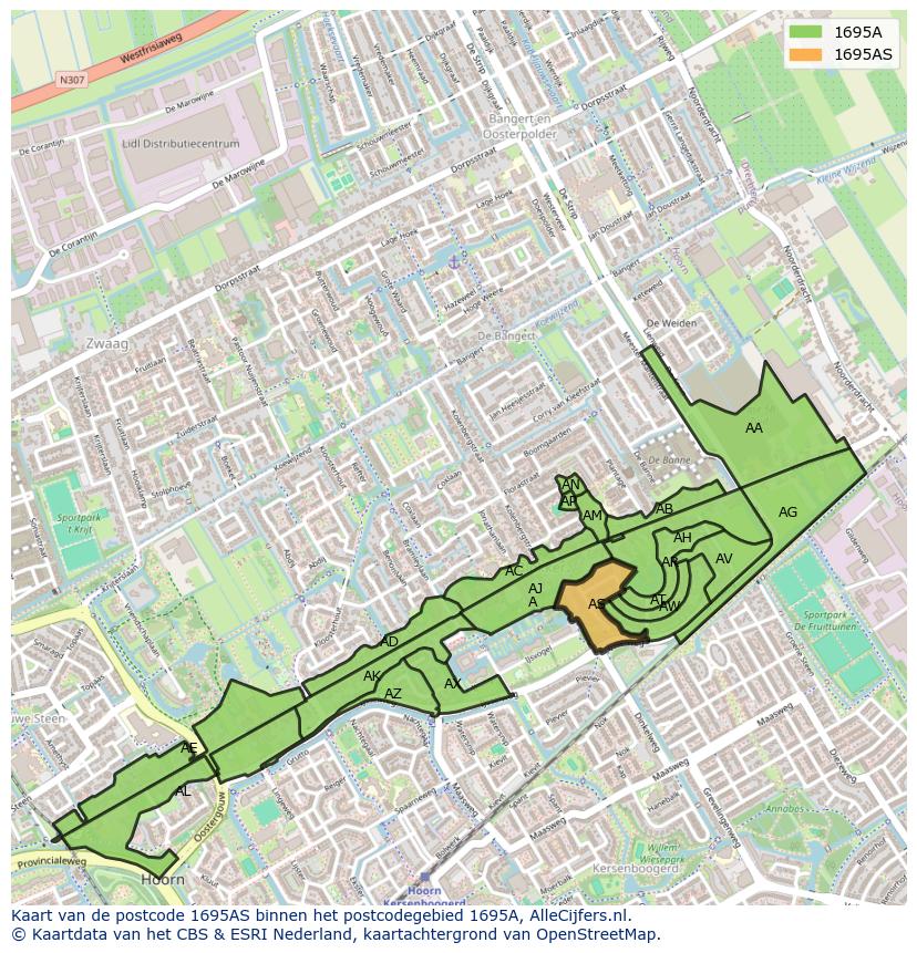Afbeelding van het postcodegebied 1695 AS op de kaart.