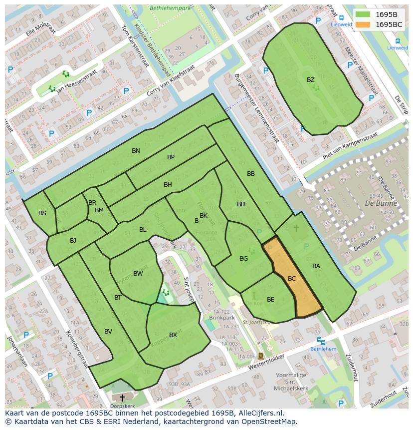 Afbeelding van het postcodegebied 1695 BC op de kaart.
