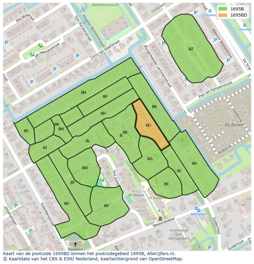 Afbeelding van het postcodegebied 1695 BD op de kaart.