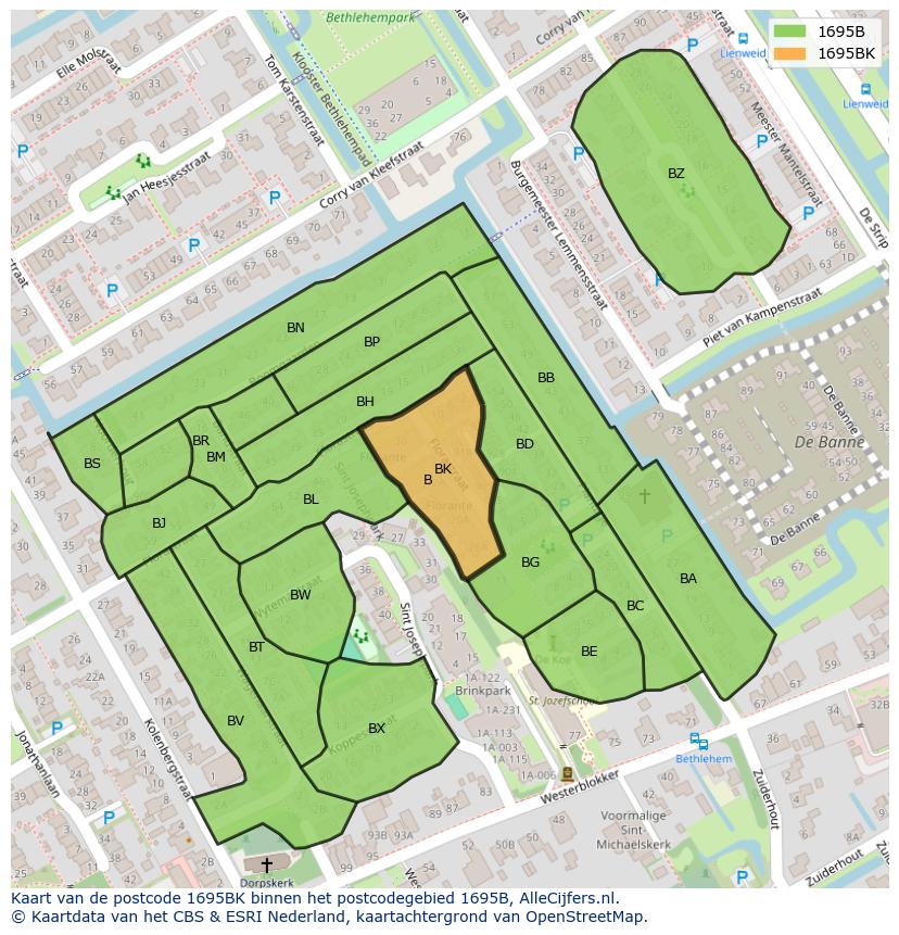Afbeelding van het postcodegebied 1695 BK op de kaart.