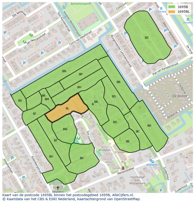 Afbeelding van het postcodegebied 1695 BL op de kaart.