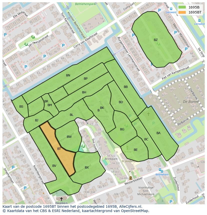 Afbeelding van het postcodegebied 1695 BT op de kaart.