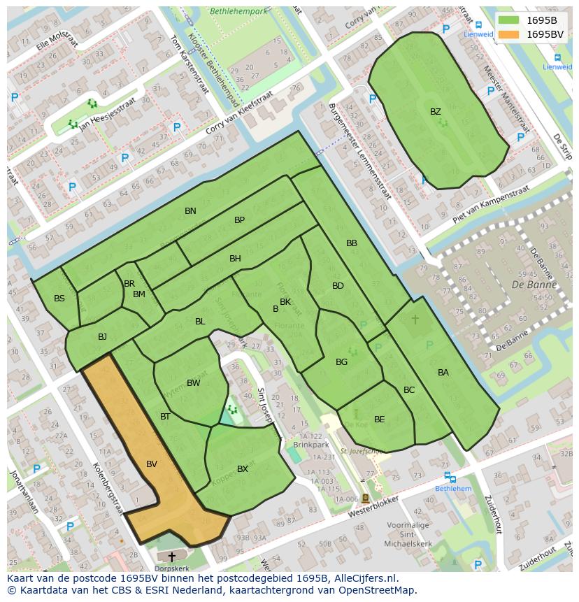 Afbeelding van het postcodegebied 1695 BV op de kaart.
