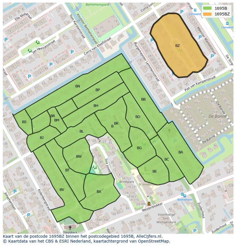 Afbeelding van het postcodegebied 1695 BZ op de kaart.