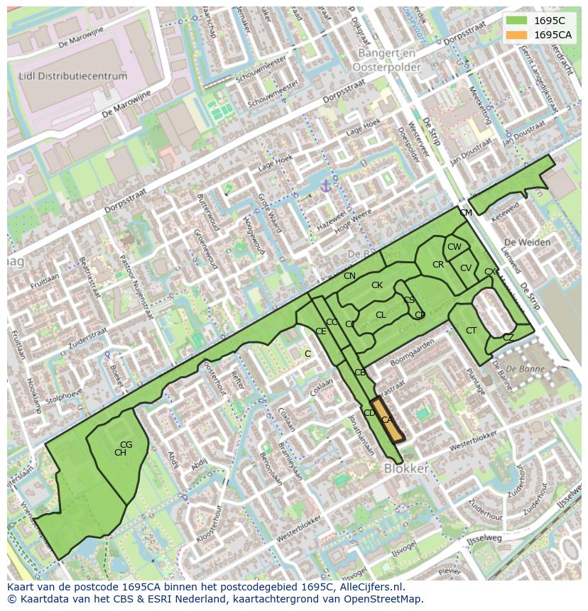 Afbeelding van het postcodegebied 1695 CA op de kaart.