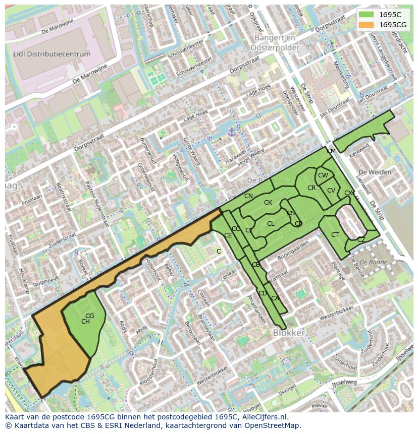 Afbeelding van het postcodegebied 1695 CG op de kaart.