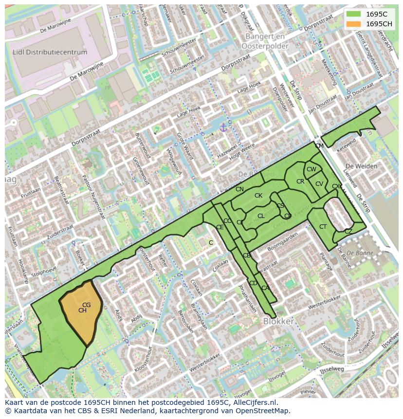 Afbeelding van het postcodegebied 1695 CH op de kaart.
