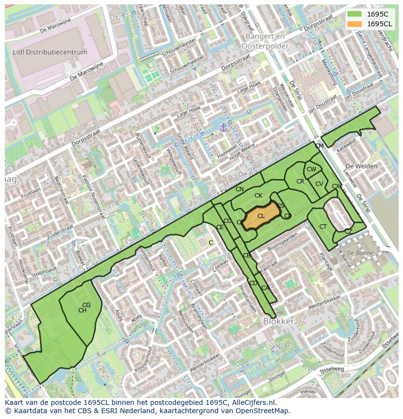Afbeelding van het postcodegebied 1695 CL op de kaart.
